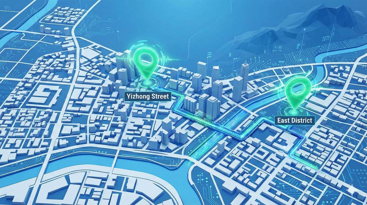 3D風格的台中地圖,標示出北區一中街與東區三賢街兩個明亮的青蘋果3C據點。