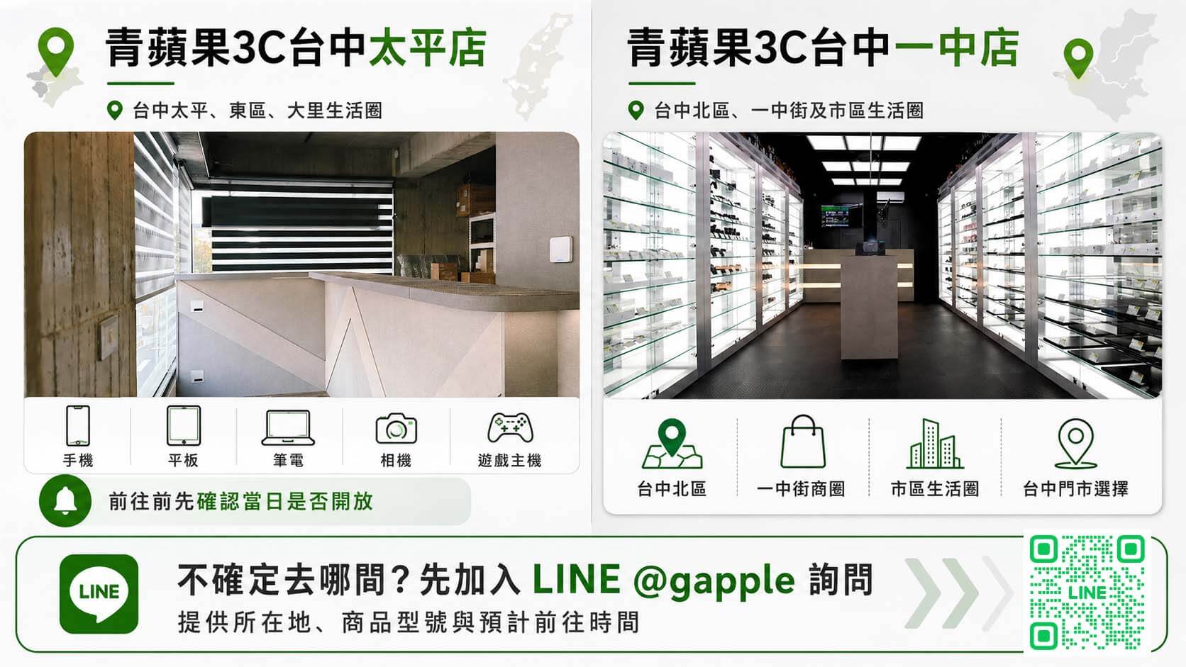 台中太平店與台中一中店比較資訊圖，搭配手機、筆電、相機及地圖定位圖示
